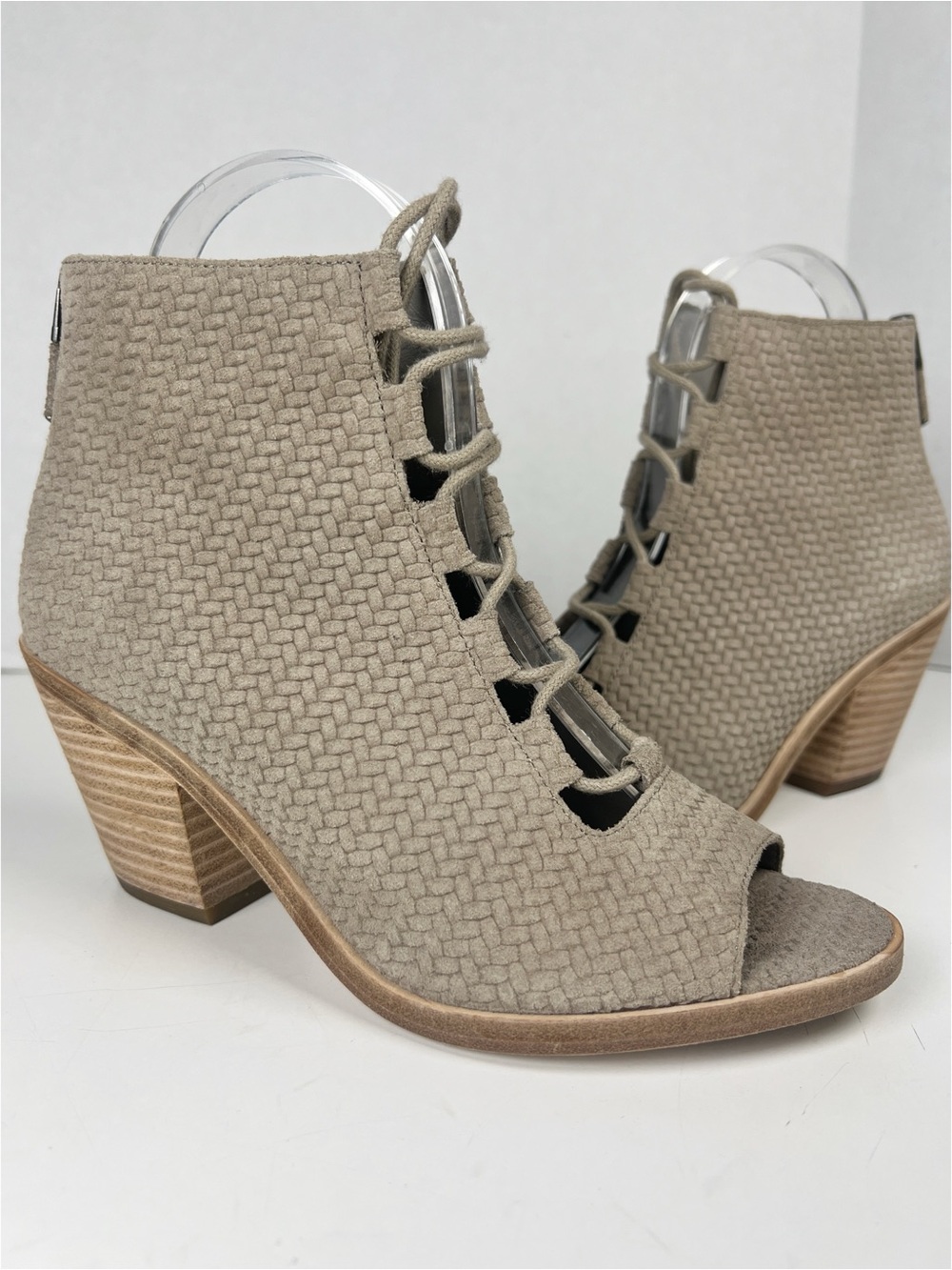 EILEEN FISHER Women’s Size 6 Tan Taupe Slew Lace Up Suede Peep Toe Heeled Bootie